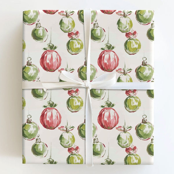 Red and Green Holiday Gift Wrap, Watercolor Christmas Ornament Wrapping Paper, Painted Bauble Wrapping Paper