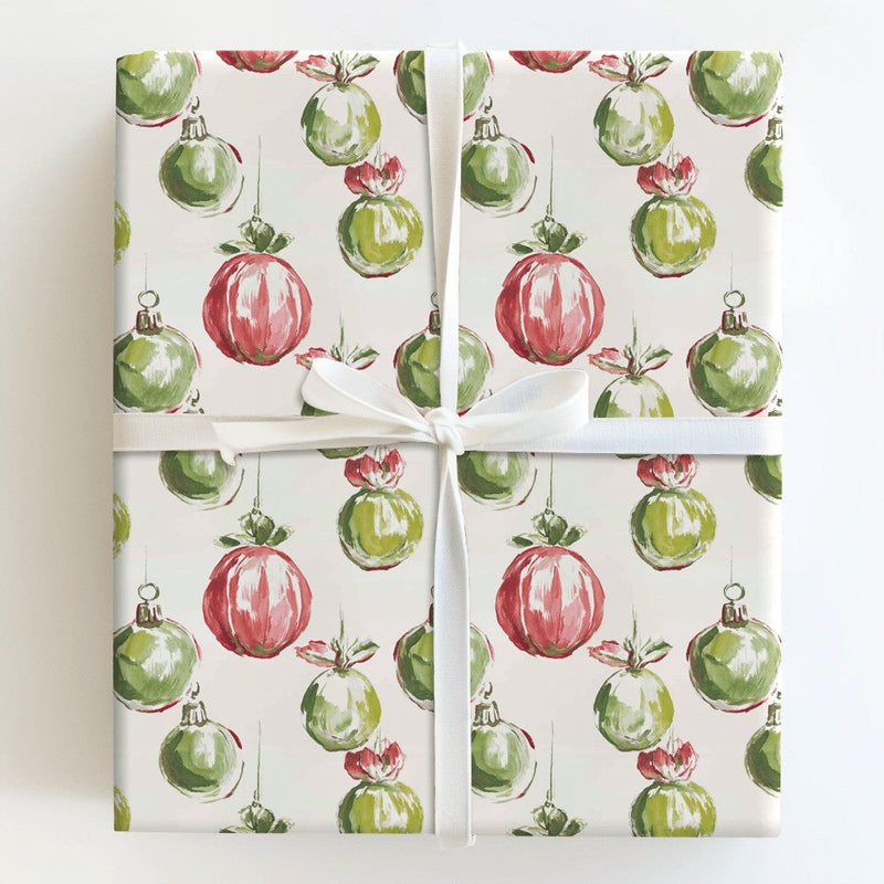 Red and Green Holiday Gift Wrap, Watercolor Christmas Ornament Wrapping Paper, Painted Bauble Wrapping Paper