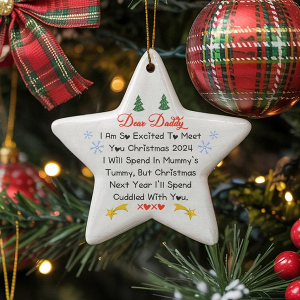 Pregnancy Announcement Star Ornament, Dear Daddy Christmas 2024 Star Ornament, Expecting Dad Ceramic Ornament, First Christma