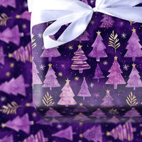 Watercolor Xmas Tree Gift Wrap, Purple and Gold Christmas Tree Wrapping Paper, Elegant Starry Gift Wrap, Holiday Present Wrapping Paper
