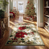 Vintage Holiday Floral Path Floor Rug, Poinsettia Christmas Area Rug, Winter Season Xmas Botanical Carpet, Comfy Home Decor Present
