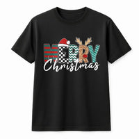 Merry Christmas Graphic Tee, Leopard Plaid Santa Hat Christmas T-Shirt, Festive Buffalo Plaid Shirt, Adorable Holiday Santa Tee, Present for Her