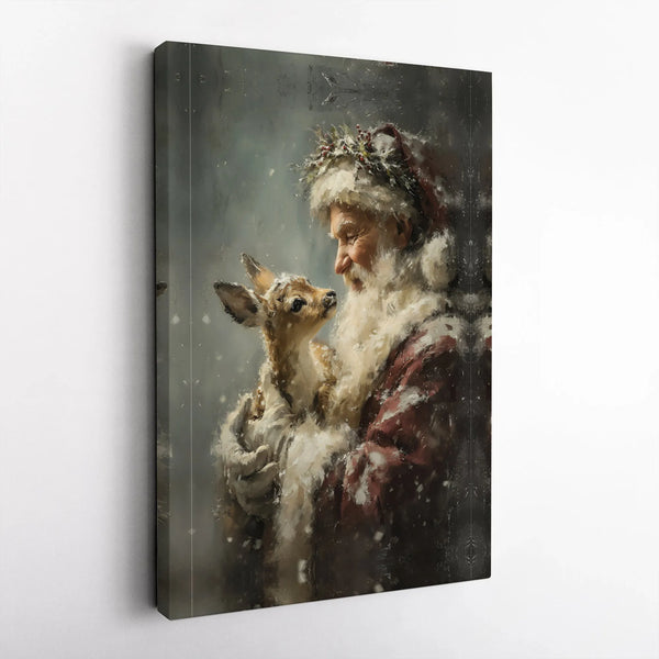 Rustic Christmas Wall Decor, Santa Claus with Baby Deer Canvas Art, Holiday Season Canvas Print, Festive Winter Canvas, Xmas 