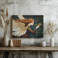 Redhead Angel Decorating Tree Print, Christmas Angel Canvas Wall Art, Golden Wings Holiday Canvas Decor, Winter Digital Download Present
