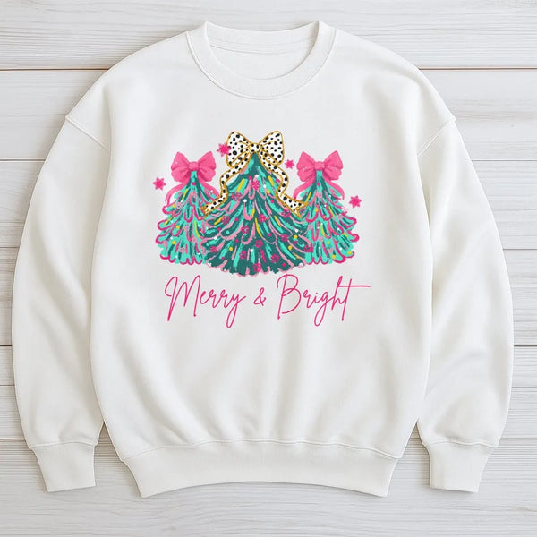 Leopard Bow Christmas Crewneck, Merry & Bright Christmas Tree Sweatshirt, Preppy Holiday Christmas Pullover, Winter Sweater, 