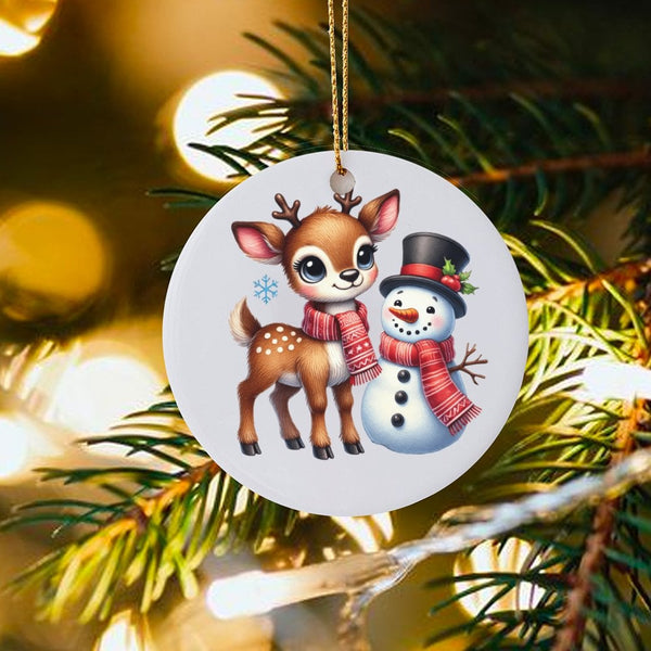 Ceramic Christmas Tree Ornament, Adorable Baby Deer Snowman Ornament, Winter Holiday Keepsake Ornament, Woodland Animal Xmas 