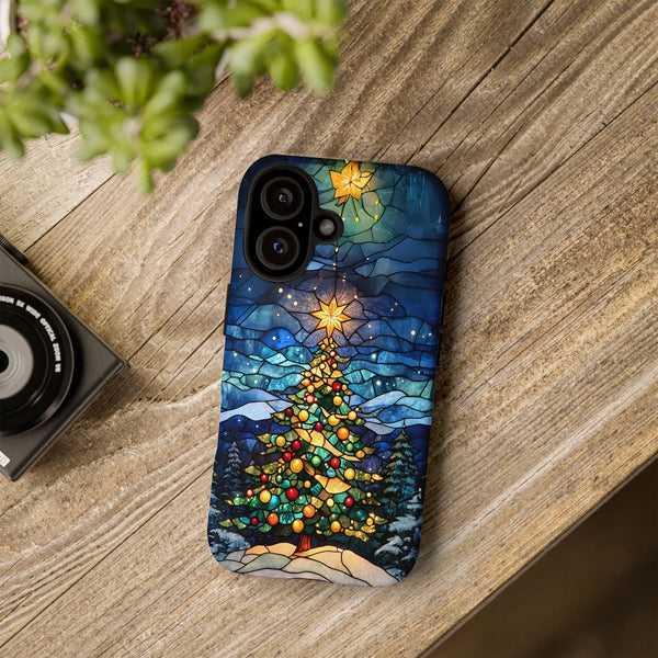Holiday Ornament Art Cover, Stained Glass Christmas Tree iPhone Case, Dual Layer Polycarbonate Case, Festive Winter Season Pr