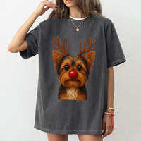 Adorable Yorkshire Terrier Holiday Graphic Tee, Yorkie Reindeer Christmas T-Shirt, Festive Xmas Dog Lover Shirt, Puppy Mom Winter Season Top