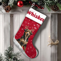 Personalized Dog Holiday Stocking, Dog Reindeer Antlers Christmas Stocking, Custom Pet Christmas Stocking, Festive Fireplace Mantle Decor