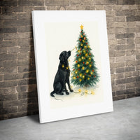 Holiday Dog Lights Canvas Print, Black Labrador Christmas Canvas Wall Art, Watercolor Lab Decor, Dog Lover Xmas Wall Decor