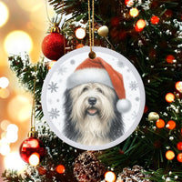 Santa Hat Dog Holiday Ornament, Old English Sheepdog Christmas Ornament, Ceramic Puppy Tree Ornament, Sheepdog Lover Keepsake Present Decor
