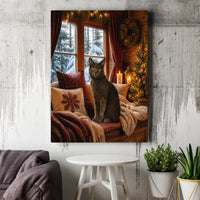Grey Cat Christmas Cabin Scene Print, Comfy Winter Cat Snowy Window Canvas Wall Art, Holiday Feline Poster, Cat Lover Digital Download