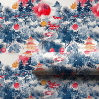 Asian Pagoda Holiday Gift Wrap, Chinoiserie Christmas Wrapping Paper, Fu Character Wrapping Paper, Winter Pine Tree Holiday Wrapping Paper