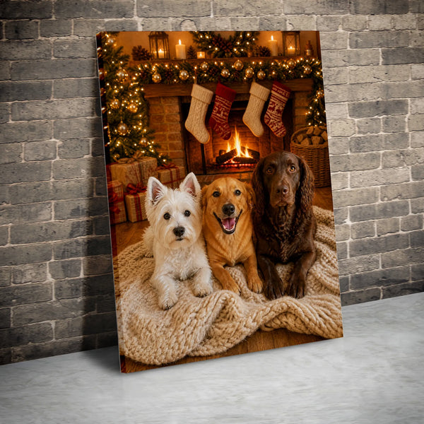 Holiday Puppy Fireplace Wall Art, Christmas Dogs by Fireplace Canvas, Comfy Dog Christmas Canvas Print, Festive Winter Dog Wa