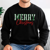 Green Buffalo Plaid Typography Sweater, Merry Christmas Sweatshirt, Festive Holiday Crewneck, Winter Plaid Pullover, Xmas Present Sweatshirt