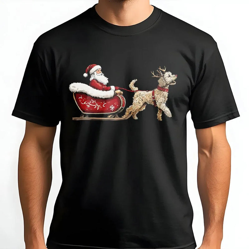 Santa Claus Sleigh Doodle Dog Graphic Tee, Goldendoodle Christmas T-Shirt, Humorous Dog Lover Xmas Shirt, Adorable Winter Pet Holiday Top