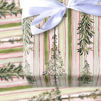 Watercolor Foliage Gift Wrap, Striped Christmas Tree Wrapping Paper, Pink and Green Holiday Wrapping Paper