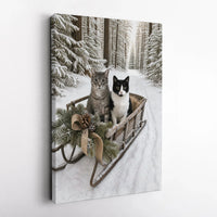 Snowy Forest Cat Wall Art, Winter Cats in Sled Canvas, Rustic Christmas Cat Canvas Print, Tuxedo Tabby Cat Wall Decor