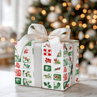 Botanical Grid Christmas Gift Wrap, Watercolor Holly Berry Wrapping Paper, Mistletoe Floral Wrapping Paper, Holiday Present Gift Wrap Roll