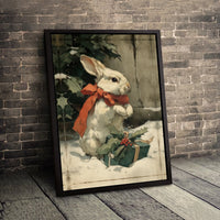 Whimsical Bunny Canvas Print, Vintage Christmas Rabbit Canvas Wall Art, Holiday Bunny with Red Bow Canvas, Comfy Xmas Home Decor Present