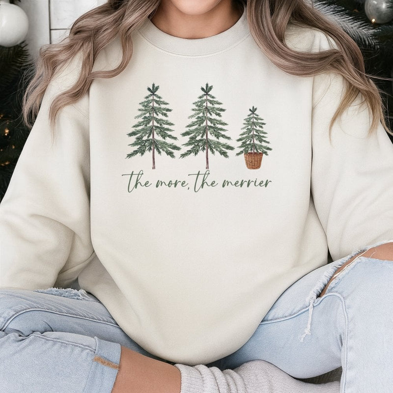 Minimalist Pine Tree Holiday Sweater, The More the Merrier Christmas Sweatshirt, Retro Winter Tree Crewneck, Adorable Xmas Pullover Present