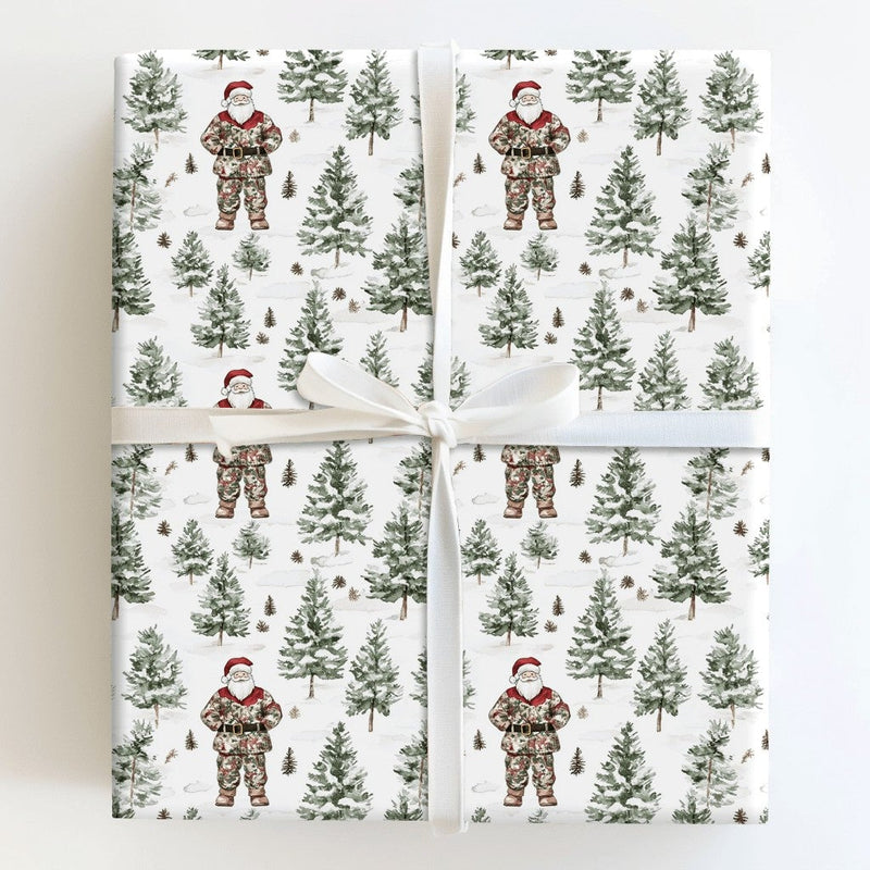 Watercolor Winter Forest Santa Gift Wrap, Camo Santa Wrapping Paper, Rustic Pine Tree Christmas Wrapping Paper, Outdoorsy Holiday Gift Wrap