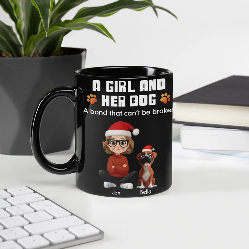 Girl and Dog Santa Hats Christmas Mug, Personalized Dog Mom Ceramic Mug, Custom Holiday Pet Coffee Cup, Xmas Present for Dog Lovers