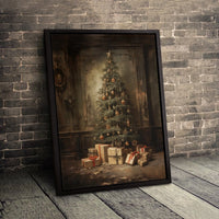 Classic Holiday Tree Wall Art, Vintage Christmas Tree Canvas Print, Christmas Tree and Presents Canvas Art, Festive Winter Home Wall Decor