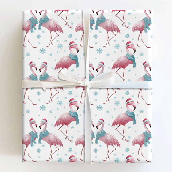 Tropical Santa Hat Holiday Gift Wrap, Christmas Flamingo Wrapping Paper, Adorable Winter Animal Present Paper, Coastal Xmas W