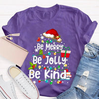 Santa Hat Fairy Lights Graphic Tee, Be Merry Be Jolly Be Kind Christmas T-Shirt, Holiday Family Shirt, Xmas Party Top