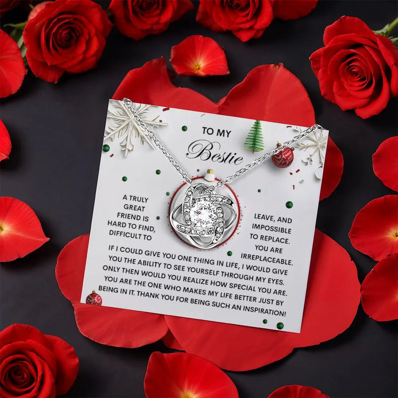 Best Friend Friendship Knot Necklace, Bestie Love Knot Necklace, CZ Crystal Pendant Necklace, Rotating Rose Box, Birthday Christmas Present