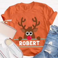Custom Name Reindeer Holiday Graphic Tee, Personalized Christmas Elk Bow Shirt, Adorable Christmas Elk T-Shirt, Festive Winter Holiday Present