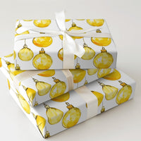 Gold Baubles Holiday Gift Wrap, Yellow Ornament Christmas Wrapping Paper, Watercolor Festive Wrapping Paper, Holiday Season Gift Wrap Roll