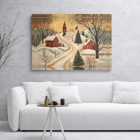 Folk Art Snowy Church Canvas, Winter Christmas Village Canvas Wall Art, Christmas Village Canvas Print, Festive Holiday Wall Art Decor
