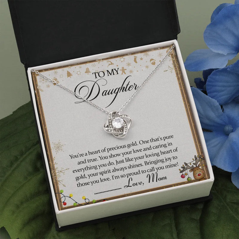 Heartfelt Christmas Pendant Necklace, Love Knot Necklace for Daughter, 14K White Gold Stainless Steel Jewelry, Holiday Keepsake from Mom