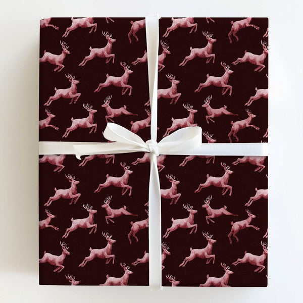 Maroon Christmas Gift Wrap, Pink Leaping Reindeer Wrapping Paper, Watercolor Antler Holiday Wrapping Paper, Elegant Winter Gi