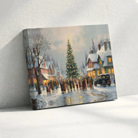 Snowy Tree Lighting Art Canvas, Vintage Christmas Village Wall Art, Holiday Village Print, Christmas Village Poster, Digital Download
