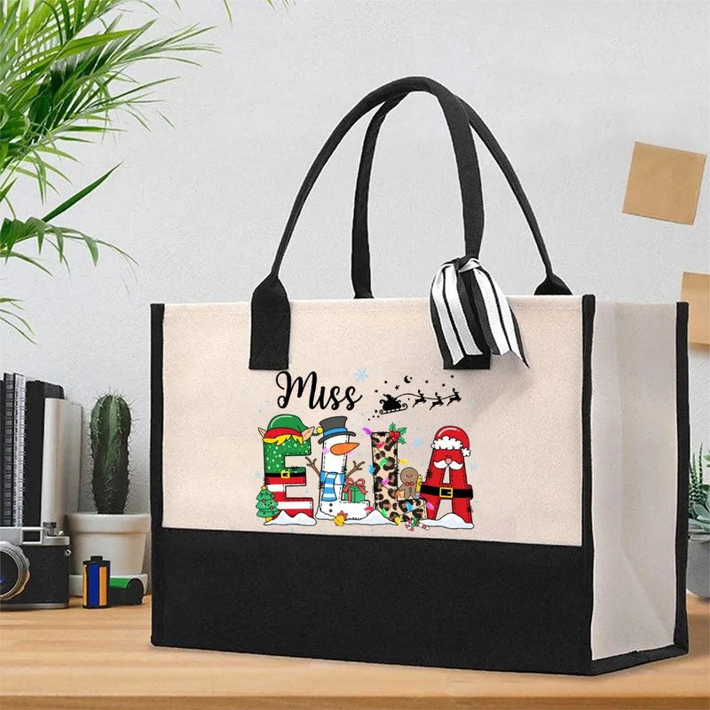 Custom Elk Christmas Canvas Tote, Personalized Snowman Cotton Tote Bag, Holiday Shoulder Bag, Custom Name Shopper Tote, Xmas Present