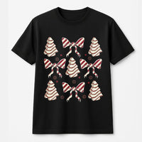 Retro Coquette Bow Graphic Tee, Christmas Tree Cake T-Shirt, Adorable Holiday Tree Cake Shirt, Vintage Pastel Xmas Snack Tee, Present for Her