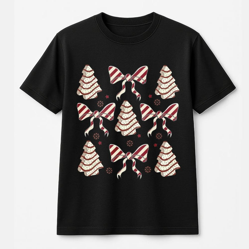 Retro Coquette Bow Graphic Tee, Christmas Tree Cake T-Shirt, Adorable Holiday Tree Cake Shirt, Vintage Pastel Xmas Snack Tee, Present for Her