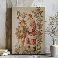 Christmas Holly Wreath Canvas Print, Vintage Santa with Reindeer Canvas Wall Art, Retro Holiday Wall Decor, Winter Xmas Wall Hanging