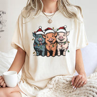 Humorous Santa Hat Pig Shirt, Christmas Pigs T-Shirt, Adorable Holiday Lights Farm Pig Graphic Tee, Country Farm Life Christmas Pig Lover T-Shirt