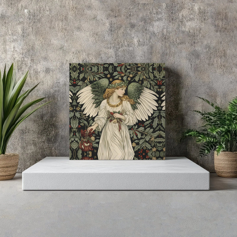 Pre-Raphaelite Holly Berry Canvas Art, Christmas Angel Square Canvas, William Morris Style Canvas Print, Vintage Holiday Wall Art