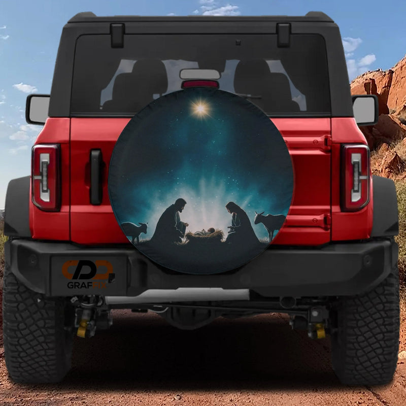 Silent Night Holy Christmas Tire Cover, Nativity Scene Spare Tire Cover, Christian Faith Spare Tire Cover, Religious Jeep Bronco RV Decor