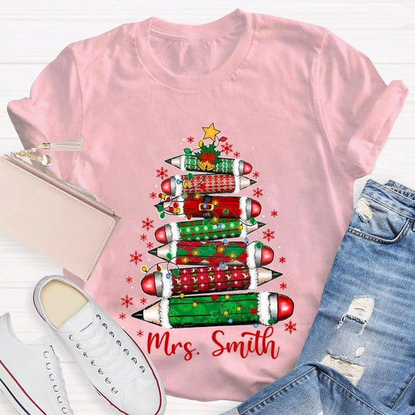 Custom Name Christmas Tree Shirt, Personalized Christmas Tree T-Shirt, Colored Pencil Christmas Tree Tee, Holiday Teacher Xma