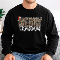 Santa Hat Holiday Sweater, Merry Christmas Leopard Sweatshirt, Leopard Print Xmas Crewneck, Adorable Winter Graphic Pullover