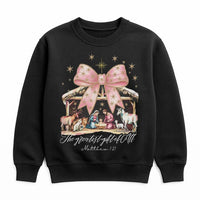 Coquette Pink Bow Manger Sweatshirt, Nativity Christmas Sweatshirt, Adorable Christian Holiday Crewneck, Religious Faith Graphic Winter Sweater