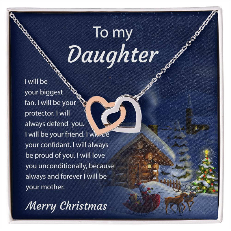 Crystal Heart Pendant Necklace, Daughter Interlocking Hearts Necklace, Two Hearts Jewelry, Sentimental Christmas Holiday Present for Daughter