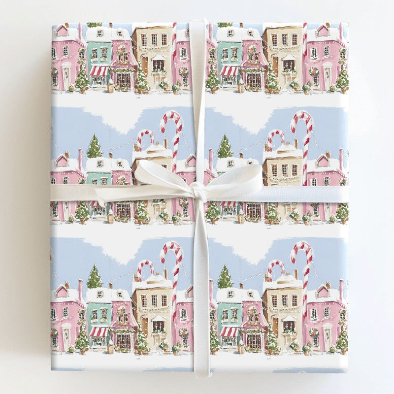 Candy Cane Winter Gift Wrap, Pastel Christmas Village Wrapping Paper, Pink Townhouse Holiday Wrapping Paper