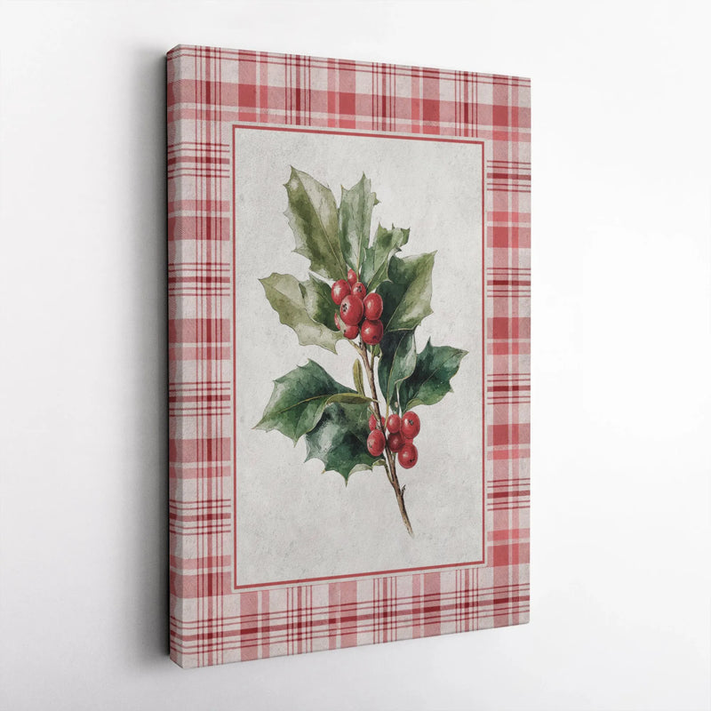 Red Plaid Border Festive Wall Art, Watercolor Christmas Holly Canvas Art, Holiday Botanical Canvas Print, Winter Seasonal Home Decor